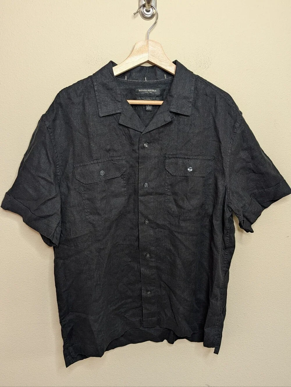 Banana Republic Men's Black 100% Linen Camp Shirt Relaxed Fit Large